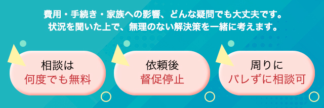 相談は何度でも無料、依頼後督促停止、周りにバレずに相談可