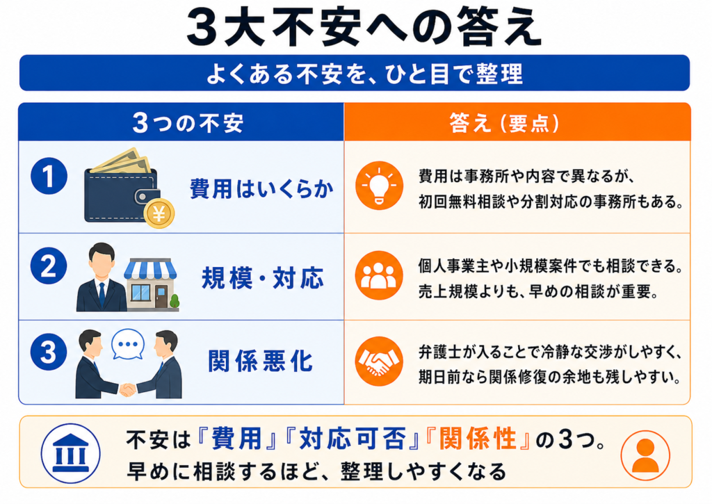 個人事業主が弁護士相談を躊躇する3大不安への答え｜弁護士法人ZEN